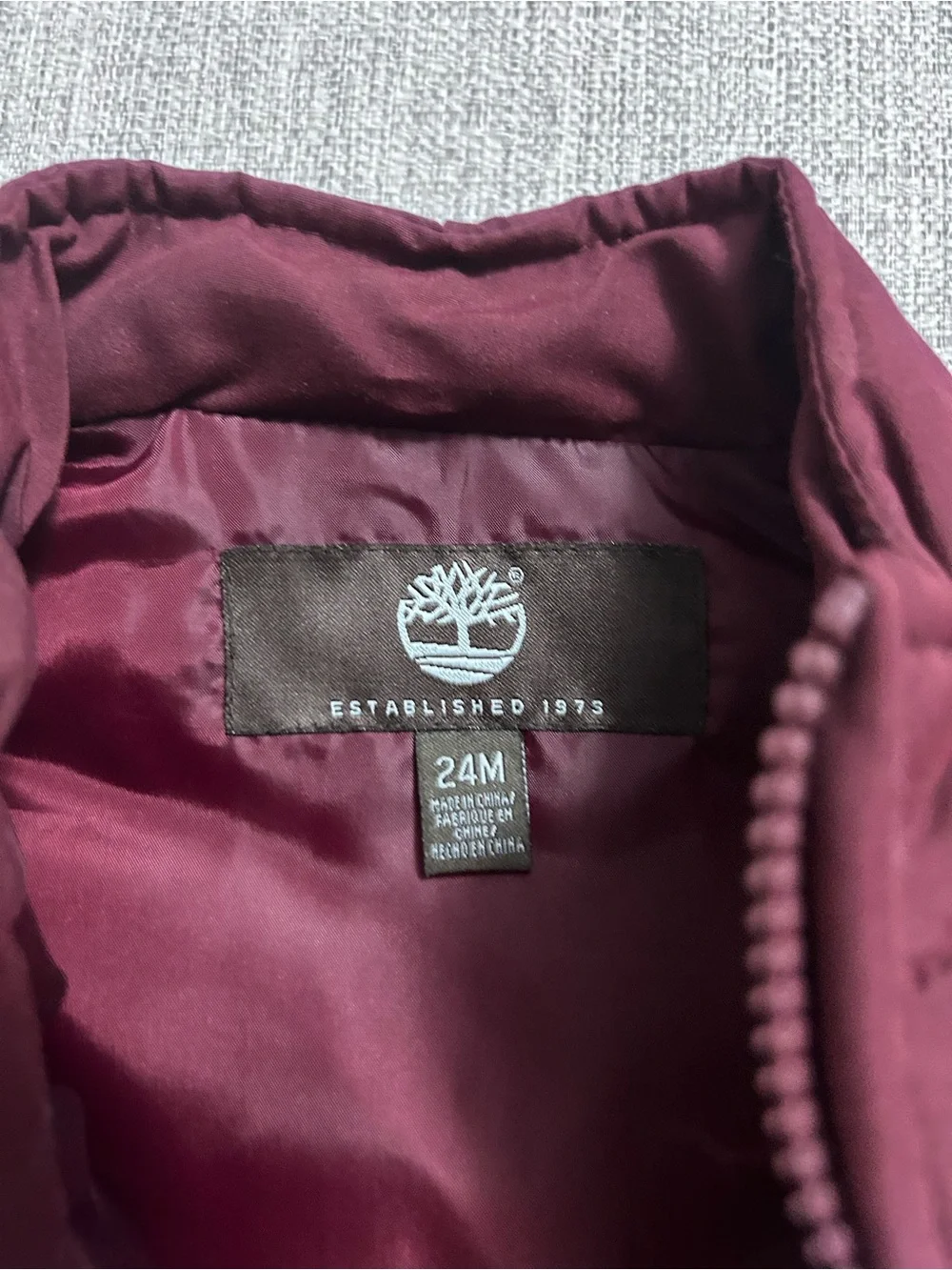 Timberland Kids Maroon Quilter Puffer Vest with Navy Accent. Size 24M